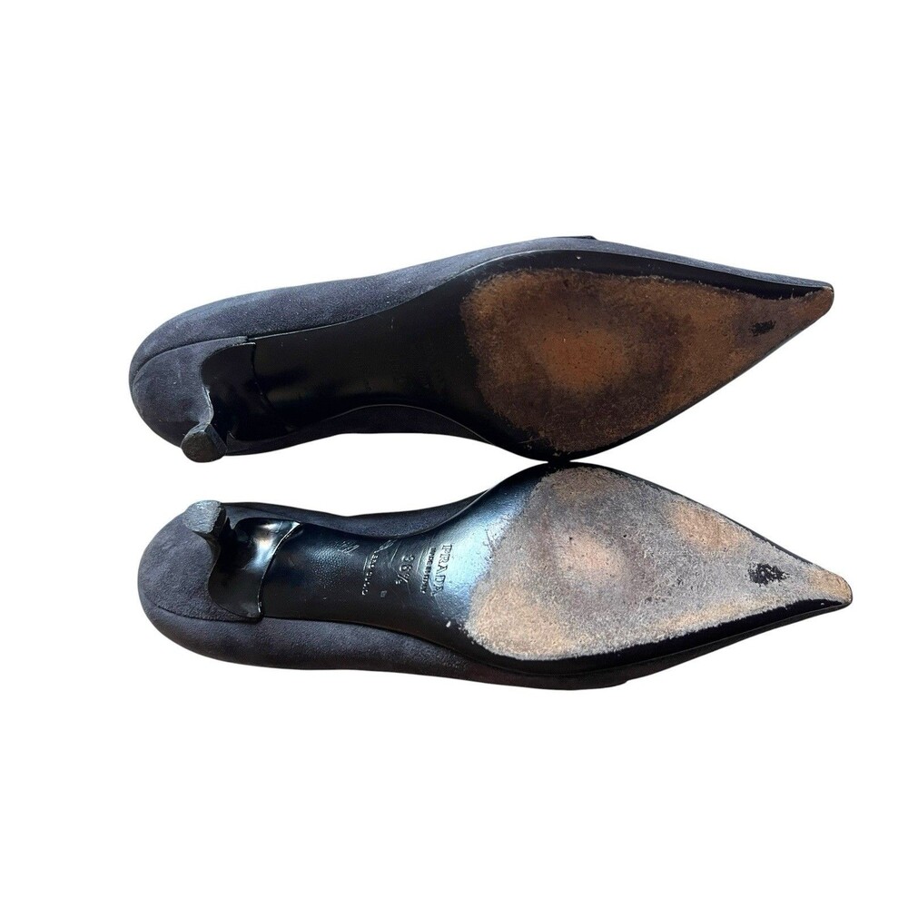 Prada Gray Suede Kitten Heel Pumps Horsebit Pointed Toe Italy EU 36.5 US 6.5 - Picture 9 of 12